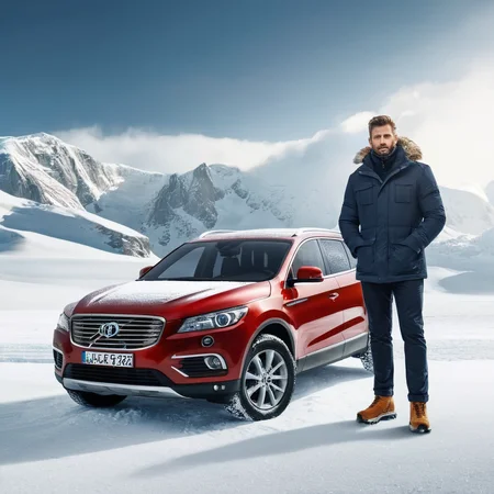 Advertising poster style, <lora:Advertising:1.2>
A creative photo of a man standing next to a car in the snow in north pole advertising style, Professional, modern, product-focused, commercial, eye-catching, highly detailed