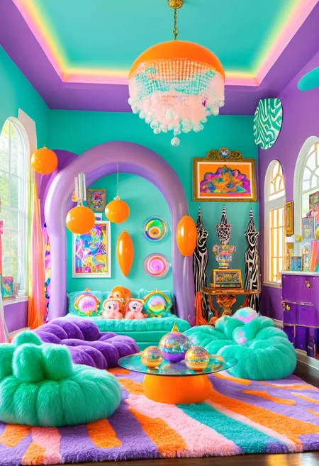 y2kmad, Light mood masterpiece photography, realistic, realistic photograph, crystal chandeliers, retro chandelier, living room, couch, indoors, gumball machine, coffee table, maximalist living room, glitter, Lisa Frank inspired, scene indoors, owl room decor, pastel pillows, winx room decor, fancy furniture, Lisa Frank colors, fluffy neon rug, clouds painted on walls, coffee table, elephant statues, two chairs, books on table, throw pillows on couch, zebra print throw pillows, light coming in from outside, arcade game, gaudy couches, giant lava lamp, lava lamp, disco balls, fairy room decor, large windows, maximalism, green, blue, turquoise, purple, orange, purple couches, maximalist living room, soft rug, neon rug, cat statue, lots of pillows, 2000s, Lisa Frank alien pictures on wall, water bed, green Glass, Vinyl, neon green lamp, pastel pink walls, Vivid colours, plastic orange designer chair, crystal beaded curtains, funky room, futuristic shaped chair, neon lights