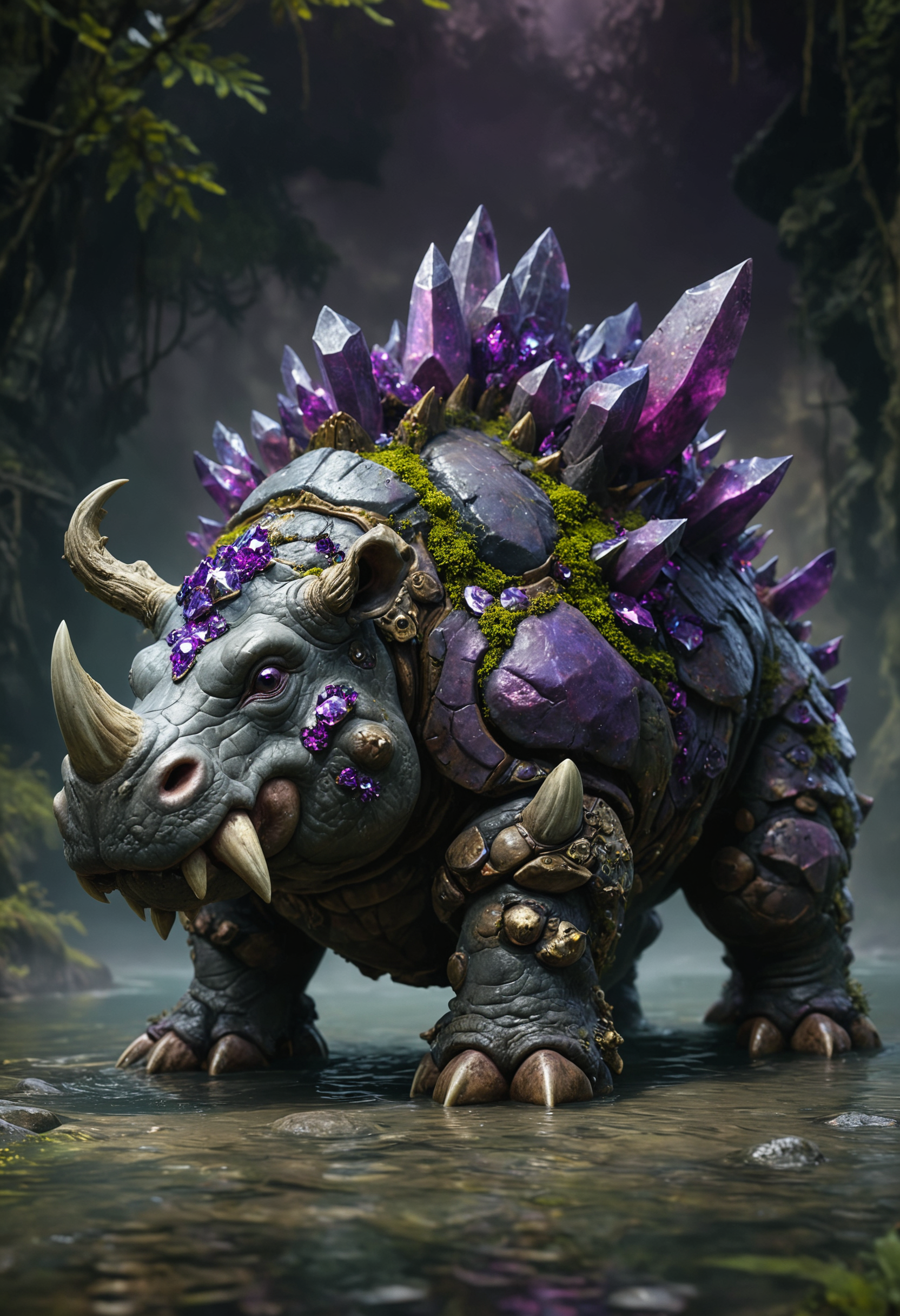 high fantasy, a fantastical creature resembling a heavily armored hippo, it has a sturdy mossy brown body, with patches of exposed slate gray skin, adorned with large violet purple crystalline plate protrusions on its back and head, sharp twisted horns on its snout, and smaller spikes near its piercing purple eyes, all against a hazy dark river valley, <lora:MJ52:0.3>, <lora:SDXLFaeTastic2400:0.5>