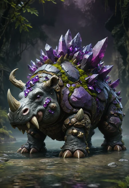 high fantasy, a fantastical creature resembling a heavily armored hippo, it has a sturdy mossy brown body, with patches of exposed slate gray skin, adorned with large violet purple crystalline plate protrusions on its back and head, sharp twisted horns on its snout, and smaller spikes near its piercing purple eyes, all against a hazy dark river valley, <lora:MJ52:0.3>, <lora:SDXLFaeTastic2400:0.5>