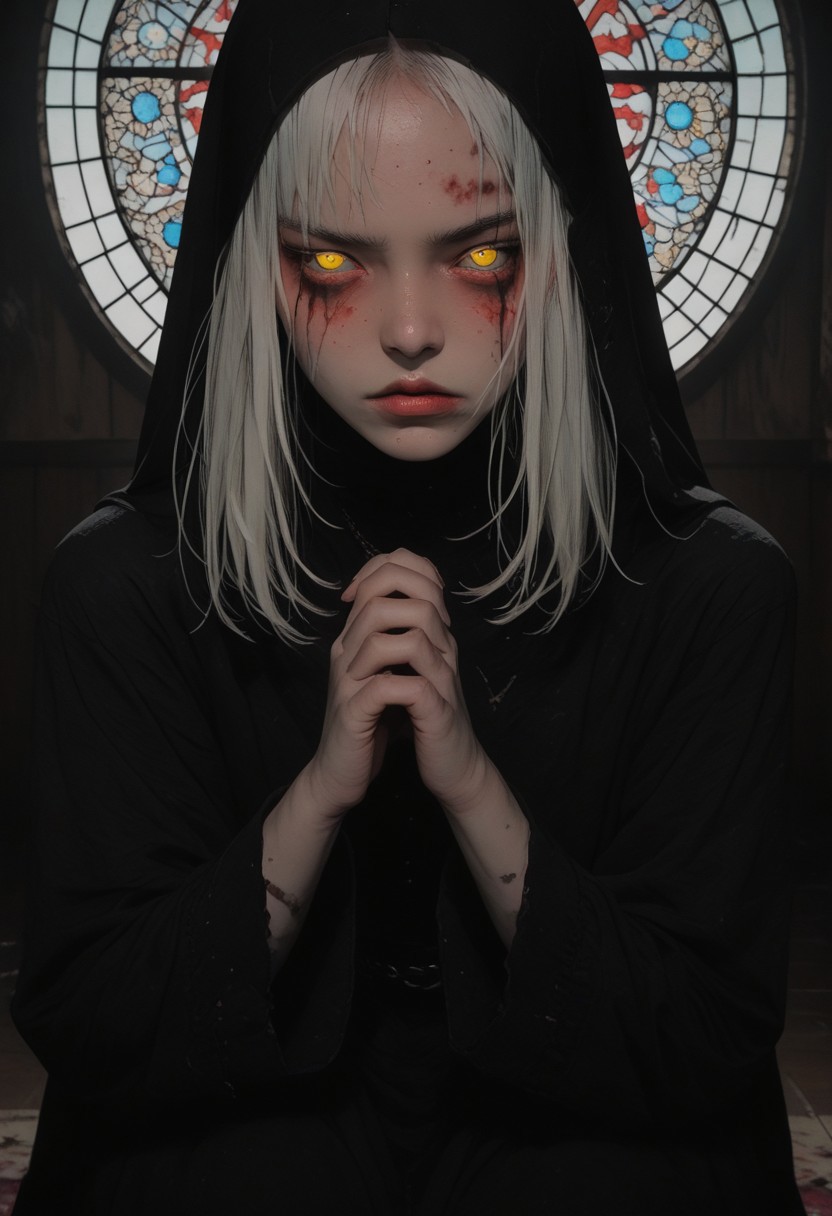 masterpiece, best quality, very aesthetic, absurdres, safe, masterpiece, best quality,high quality, newest, highres, absurdres,(4ur4_illu),shiny, <lora:Aura_illu:1.5>, ((1woman)),nun, full body view, praying pose, kneeling, summoning circle, dark ritual, blood pentagram,blood tears, looking down, head down, shadowed silhouette, dark silhouette, dark, dark background, stained window, dim lighting, short white hair, no pupils, ((flaming yellow eyes)), (face view, face focus), serious face, dark blue lights, red and blue spot color, obscurity, <lora:8fedbd2b-5858-4f2f-b150-f515ca563a9f:0.5>, <lora:b5658bed-b099-4bb6-b445-3c03b176205a:0.5>, <lora:30cb5c5e-b1f3-47ba-844b-609d7600d14e:0.7>, <lora:3c09207c-af0e-4528-95c6-694bb1e127d3:0.7>