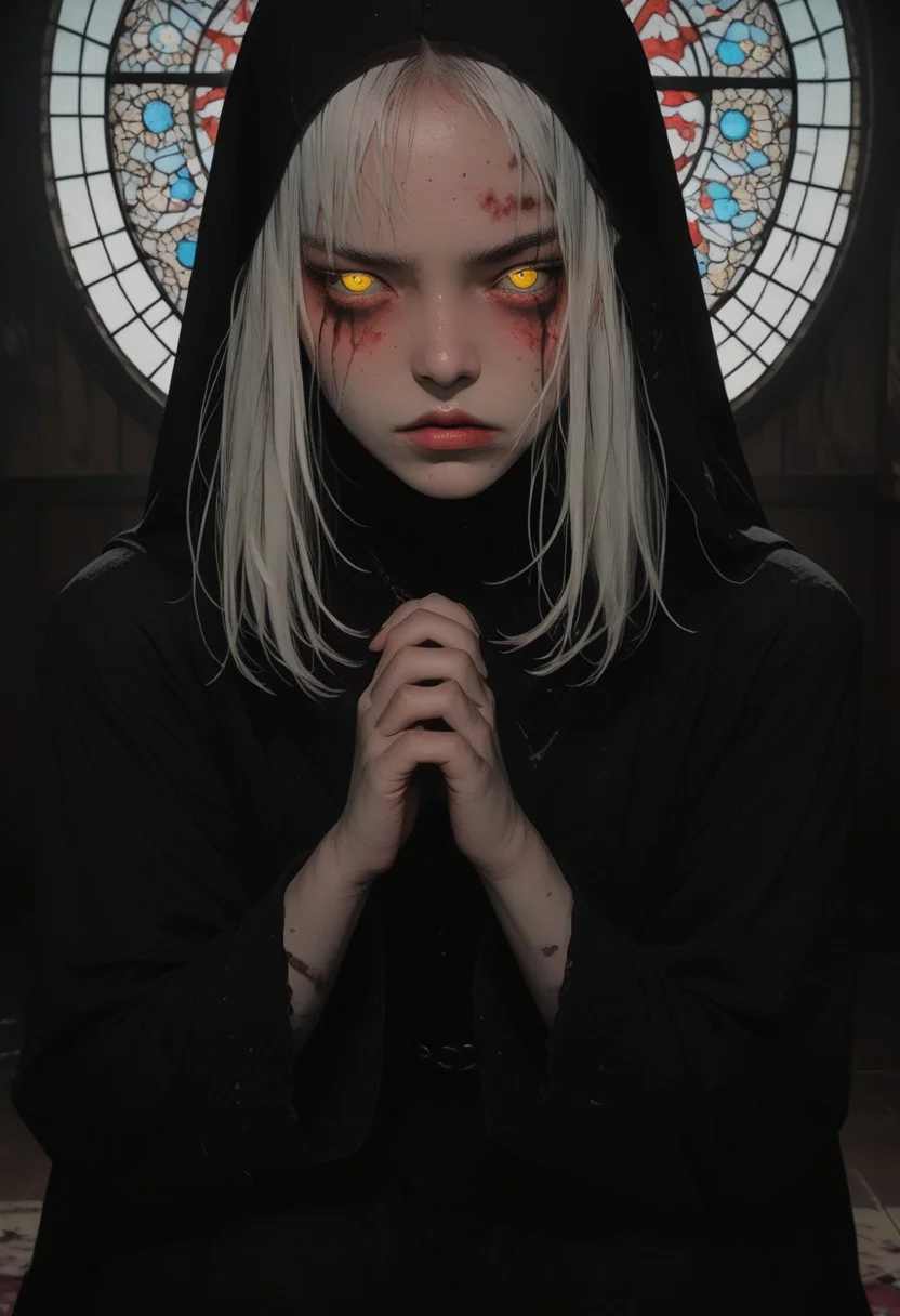 masterpiece, best quality, very aesthetic, absurdres, safe, masterpiece, best quality,high quality, newest, highres, absurdres,(4ur4_illu),shiny, <lora:Aura_illu:1.5>, ((1woman)),nun, full body view, praying pose, kneeling, summoning circle, dark ritual, blood pentagram,blood tears, looking down, head down, shadowed silhouette, dark silhouette, dark, dark background, stained window, dim lighting, short white hair, no pupils, ((flaming yellow eyes)), (face view, face focus), serious face, dark blue lights, red and blue spot color, obscurity, <lora:8fedbd2b-5858-4f2f-b150-f515ca563a9f:0.5>, <lora:b5658bed-b099-4bb6-b445-3c03b176205a:0.5>, <lora:30cb5c5e-b1f3-47ba-844b-609d7600d14e:0.7>, <lora:3c09207c-af0e-4528-95c6-694bb1e127d3:0.7>