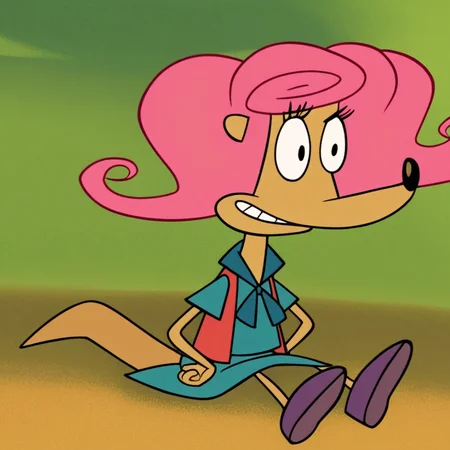 tail, blue green dress, scout uniform, standing, Score_9, furry, Expressive eyes, wavy and voluminous hair, sitting, bright pink hair, Patsy_CL, 1girl, smile, in the forest, solo, sitting on the floor, full body, red vest, hands on hips, black eyes, dark purple shoes,