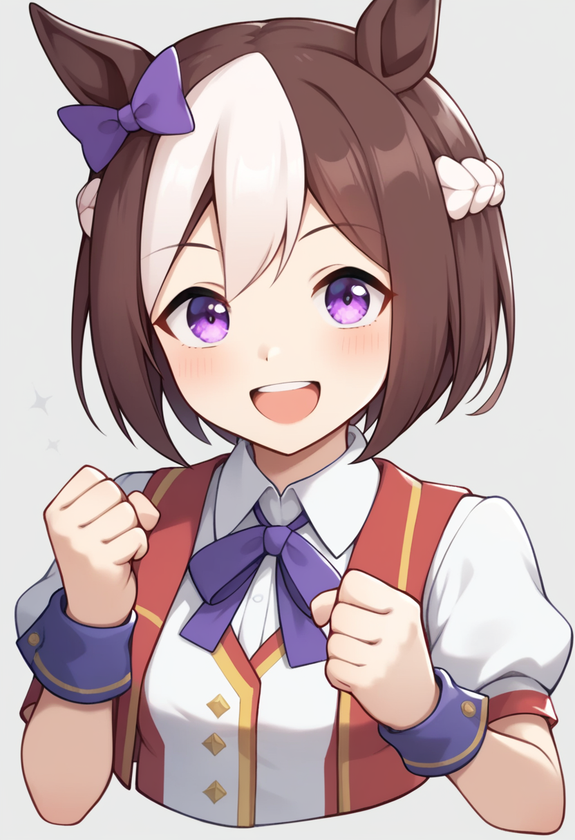 score_9,score_8_up,score_7_up,<lora:fumamusume_all:1>,1girl, brown_hair, clenched_hands, collared_shirt, cropped_jacket, cropped_torso, ear_bow, grey_background, horse_ears, horse_girl, looking_at_viewer, neck_ribbon, open_jacket, open_mouth, puffy_short_sleeves, purple_eyes, short_hair, simple_background, small_breasts, smile, solo, special_week_\(umamusume\), two-tone_hair, upper_body, vest, white_jacket, white_shirt, wrist_cuffs