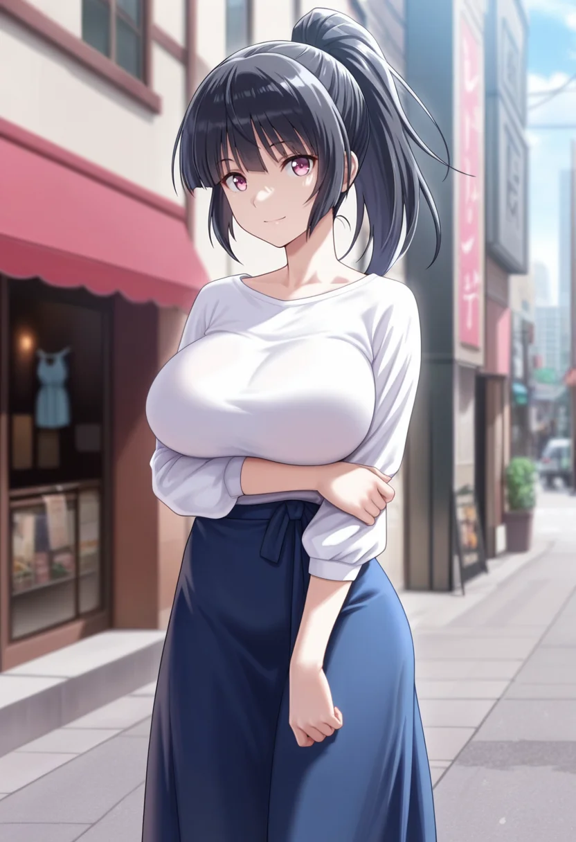 masterpiece, best quality, amazing quality,makoto kitamichi, pink eyes, black hair, long hair, ponytail, mature female, 1girl,breasts, solo,large breasts, long skirt, blue skirt,white shirt,closed mouth, light smile, standing, looking at viewer, cowboy shot, thighs, outdoors, city, street, storefront, day, blurry background <lora:makoto kitamichiV1:0.9>