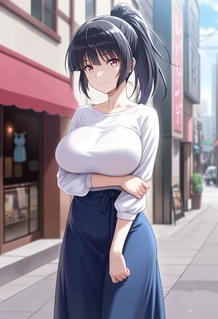 masterpiece, best quality, amazing quality,makoto kitamichi, pink eyes, black hair, long hair, ponytail, mature female, 1girl,breasts, solo,large breasts, long skirt, blue skirt,white shirt,closed mouth, light smile, standing, looking at viewer, cowboy shot, thighs, outdoors, city, street, storefront, day, blurry background <lora:makoto kitamichiV1:0.9>