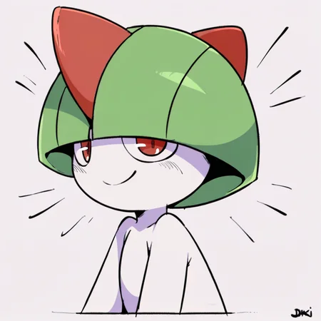 best quality, hires, score_7_up, score_8_up, score_9_up, <lora:Ralts-17:0.9>, ralts, <lora:PDXL_artist_tags_v2:1>, (by jinu:1.2), 1boy, solo, male, pokemon, clothing, white robe, green hair, white body, red eyes, looking at viewer, smile