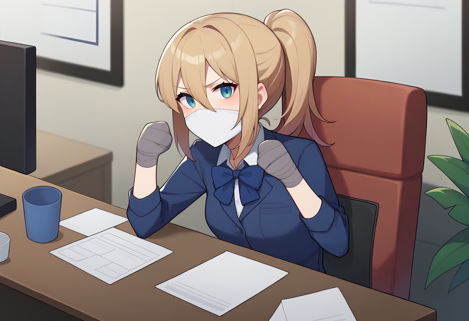 score_9,score_8_up,score_7_up,score_6_up,score_5_up,score_4_up, BREAK
1girl, office lady, collared shirt, medium breasts, bowtie, ponytail, hair between eyes, 
indoors, office, chair, table, sitting, on chair, solo, upper body, clenched hands, arms on table,
tapedhand, taped hands, taped fingers, over the nose gag, gagged, looking at viewer, 
<lora:tapedhandsponyxl-07:1>  <lora:otngagponyxl:1>