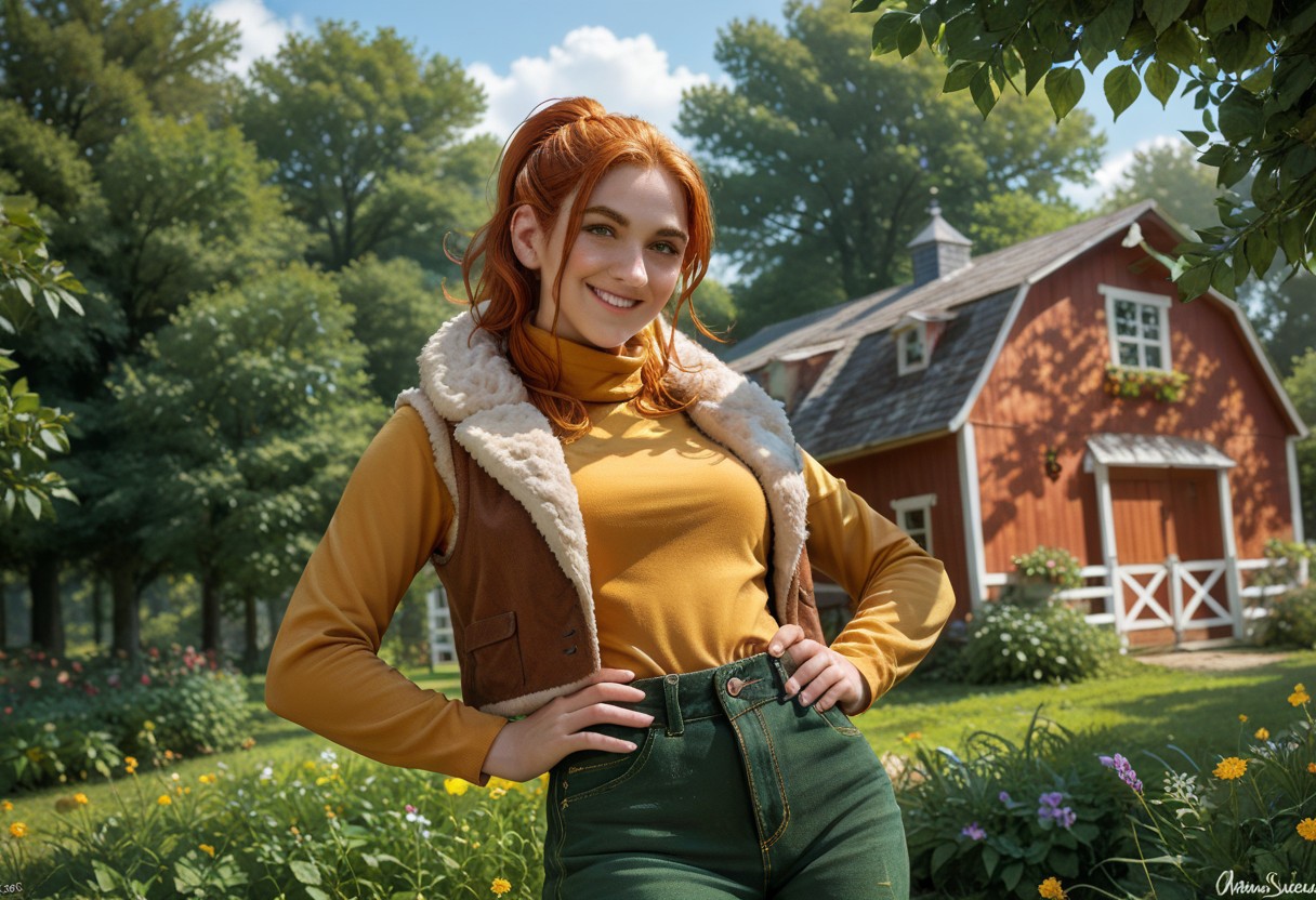 score_9, score_8_up, score_7_up,, high res ima , source_photo, source_real, (realistic:1.4),
1girl, , solo, smile, ,
outdoors, farm, garden, <lora:Robin_-_IL:0.8> Robin_SDV, green eyes, orange hair, ponytail, yellow turtleneck, green pants, brown vest, fur trim, masterpiece, best quality, good quality, , hands on hip, ((very low angle))