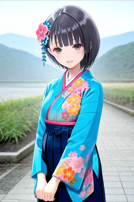 <lora:Shirai_Hinako_Blue_Reflection_illus:1>Shirai Hinako, japanese outfit,1girl, solo, looking at viewer, smile, short hair, bangs, skirt, black hair, hair ornament, long sleeves, standing, flower, outdoors, japanese clothes, hair flower, blunt bangs, kimono, black eyes, floral print, hakama, hakama skirt, blue kimono, photo background, anime color, seductive smile, open mouth, <lora:Add_more_details_pony:0.8> cowboy shot,