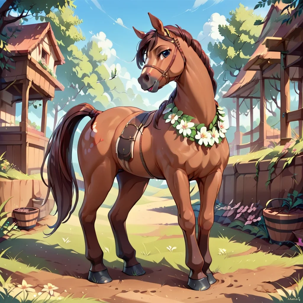 looking back, plant, forest, flower, bucket, braid, solo, outdoors, necklace, sky, artist name, blue sky, full body, house, potted plant, grass, horse ears, standing, day