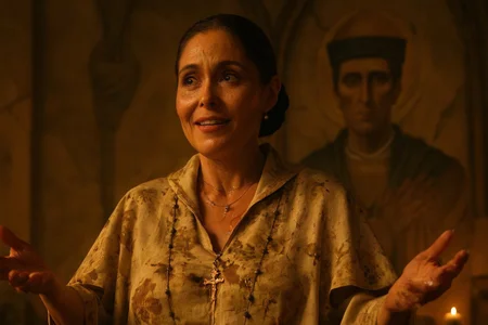 cinematic still, Georgina Montana in the Scarface sequel, aging voluptuous Latina woman with sharp eyes, dark brown hair pulled into a tight low bun, expressive aging skin and faint rosary-shaped burn marks along her collarbone, wearing a tattered beige floral blouse transformed into liturgical vestments, softly smiling with eyes filled with tears and pride, standing with arms gently parted as if inviting repentance, medium close-up, eye-level angle, background of a cracked cathedral wall with a mural of Tony crowned in thorns, mood of seductive sanctity and maternal absolution, golden twilight lighting with red flicker, muted tones of parchment, wine, and scorched ivory, inspired by Catholic martyr portraiture and Scarface sequel iconography