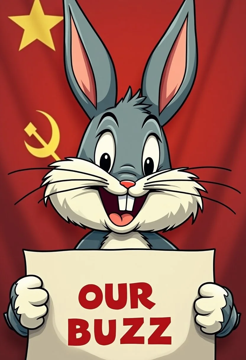 Communist bugs bunny meme, holding sign saying, "Our Buzz", red soviet union flag