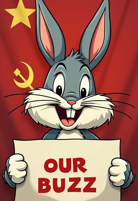 Communist bugs bunny meme, holding sign saying, "Our Buzz", red soviet union flag