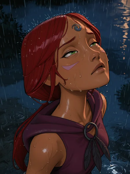 (masterpiece,best quality,newest,absurdres,highres), 4nn4Ma4t, Poststyl, realistic, 1girl, solo, long hair, green eyes, red hair, dark-skinned female, low ponytail, night, raining, wet hair, bend head back, looking up, squinting, raindrops on face, (from above), face viewer  <lora:Anna_Maht_IllustriousXL:0.8><lora:Own_style_IllustriousXL:0.7>