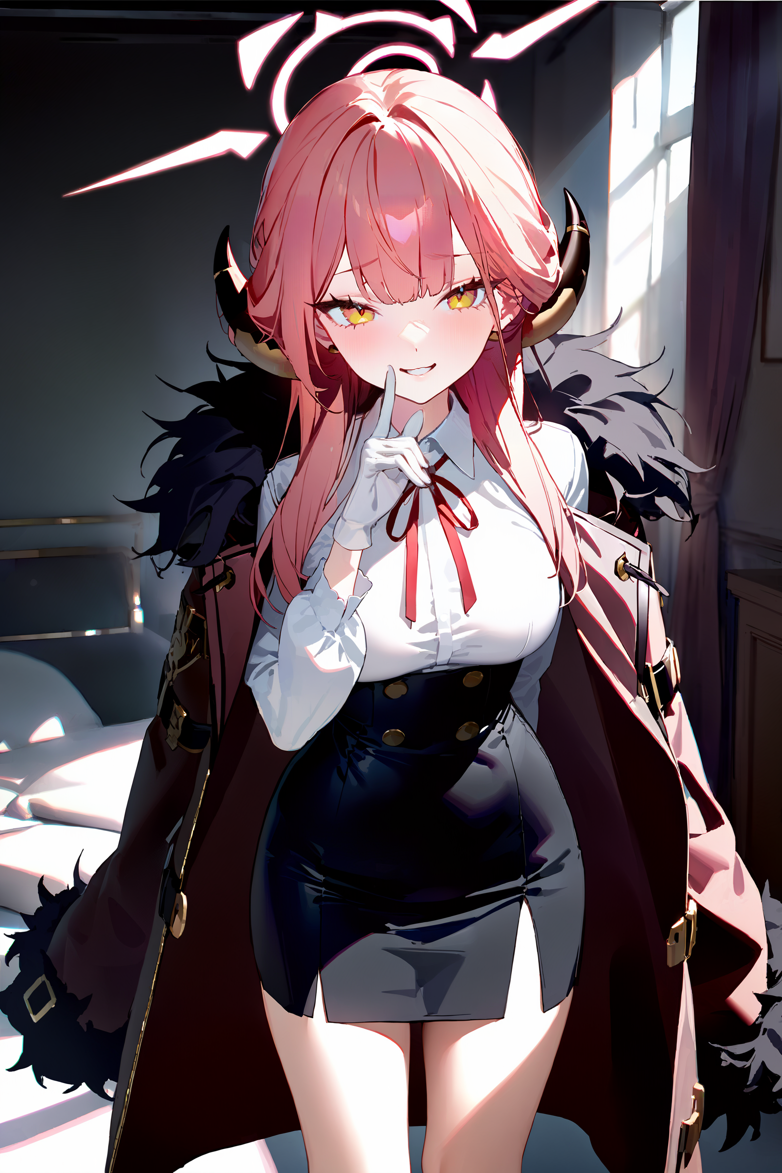 masterpiece, best quality, very aesthetic, ray tracing, newest,(hitenkei, askzy:0.5), 1girl, aru \(blue archive\), solo, halo, horns, high-waist skirt, white gloves, white shirt, fur-trimmed coat, neck ribbon, looking at viewer, seductive smile, ecstasy, gasping, finger to cheek, standing, cowboy shot, bedroom, indoors, blurry background  <lora:quality1:0:hr=2>,  <lora:Char-BlueArchive-Aru-XL-V1:0.9>