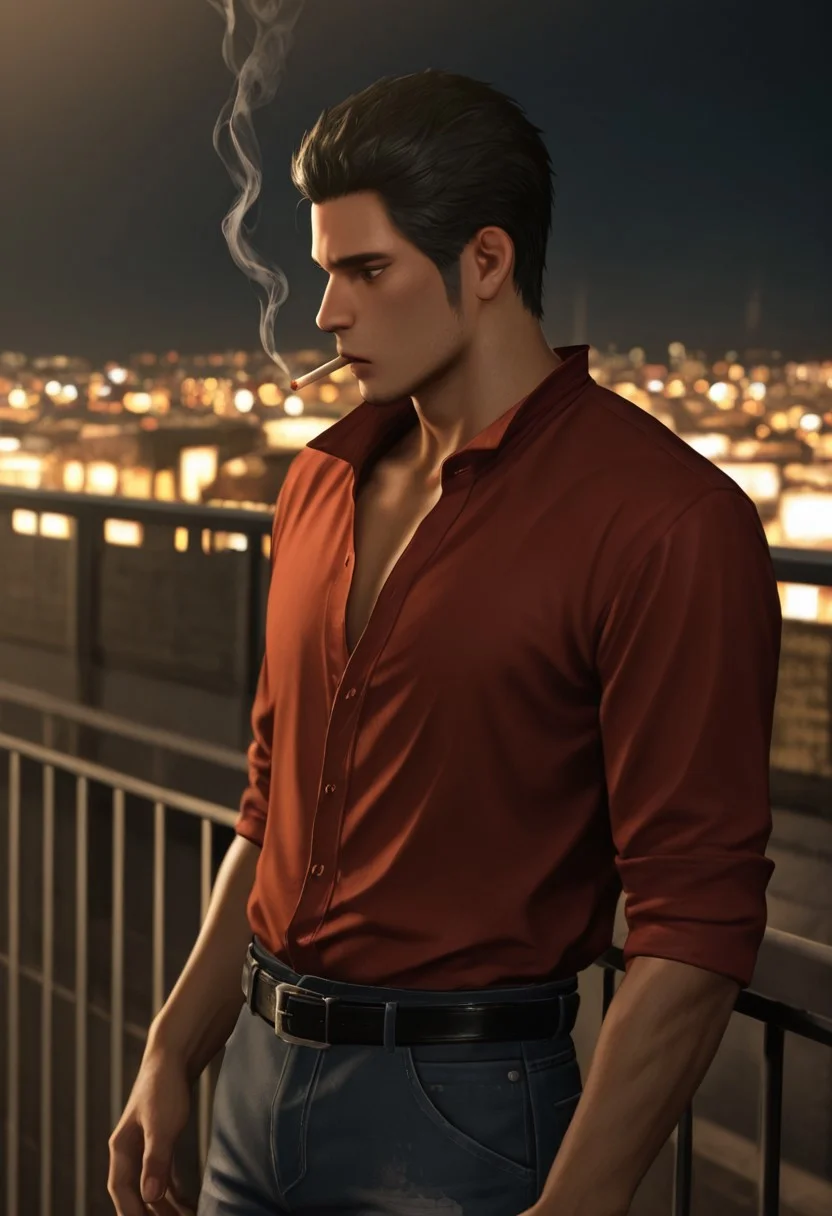 masterpiece, best quality, amazing quality, absurdres, newest, blurry background, definition so sharp, Ultra-HD, 8K cinematic, very awa, impressionate, amazing quality, highres, realistic,
solo, male focus, manly, night, city light, rooftop,
kiryuchan, kiryuchan_black hair, kiryuchan_black eyes, 1boy, solo, male focus, short hair, facial hair, sideburns, red collared shirt, partially unbuttoned, black belt, jeans, smoking, smoke, against fence, standing, looking far away