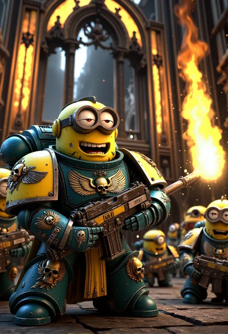 space marine. A short Minion dressed in heavy terminator armor with exaggerated decorations like skulls, wings, and banana emblems. The Minion is without a helmet (no helmet:2.0), showcasing their iconic Minion goggles, expressive eyes, and wide smile. The Minion is wielding an oversized banana flamer, ejecting bright yellow flames. The Minion is depicted in a scene such as: giving a rousing speech to other Minion Marines, with some looking inspired while others stare off cluelessly. The Minion's expression is shouting fiercely with eyes wide, adding to the comical feel. The scene should be depicted in a colorful but gritty Warhammer 40k style, with bright yellows and blues to emphasize the Minionsâ classic color scheme. The armor and weapons are detailed with ornate designs, but humor is maintained through Minion-themed accessories and comical touches. Witty details include: purity seals that read "Approved by Gru". Background elements should resemble classic Warhammer 40k settings but with a humorous Minion twist, such as: a gothic cathedral covered in bright yellow lights, adding a comical contrast to the dark setting. , <lora:sm2.safetensors:1.0:1.0>