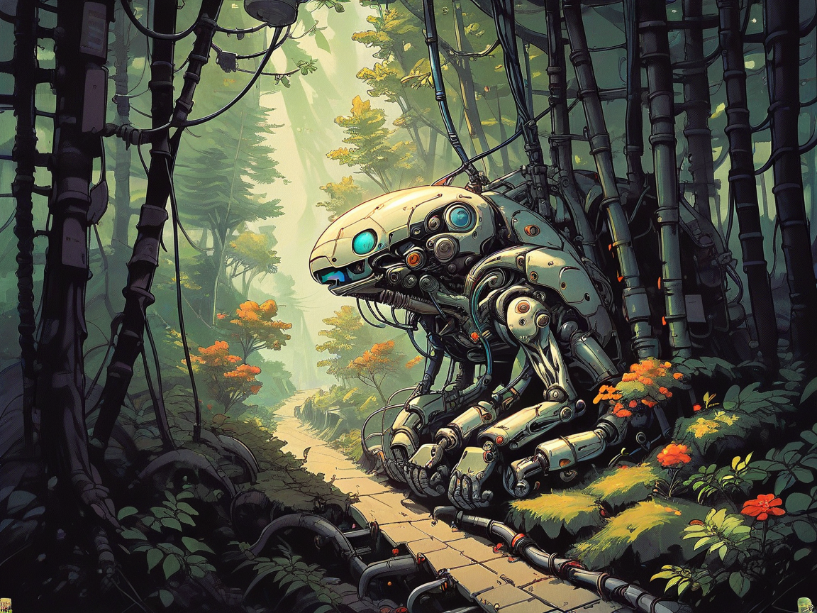 score_9, score_8_up, score_7_up, score_6_up,  <lora:cyb0rgXLP:0.8> cyb0rg, science fiction, cable, mechanical parts, forest, scenery,