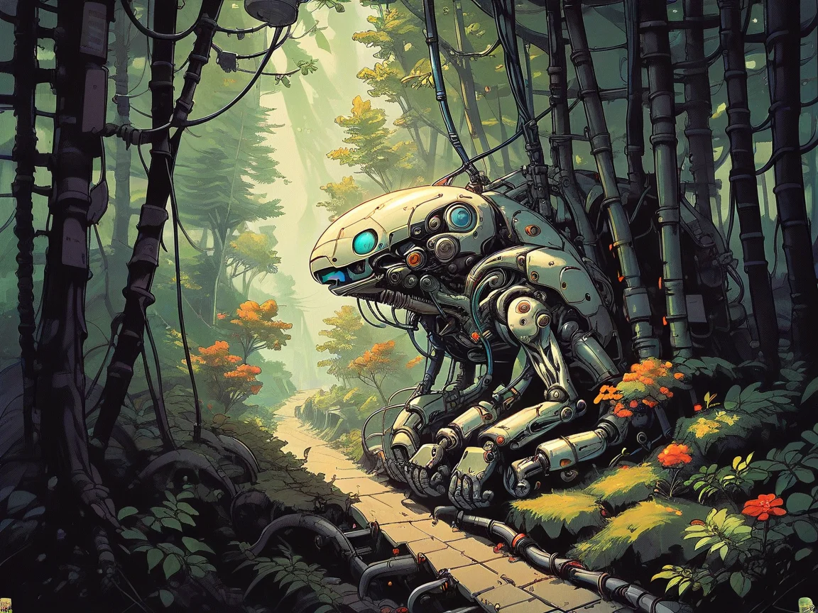 score_9, score_8_up, score_7_up, score_6_up, <lora:cyb0rgXLP:0.8> cyb0rg, science fiction, cable, mechanical parts, forest, scenery,