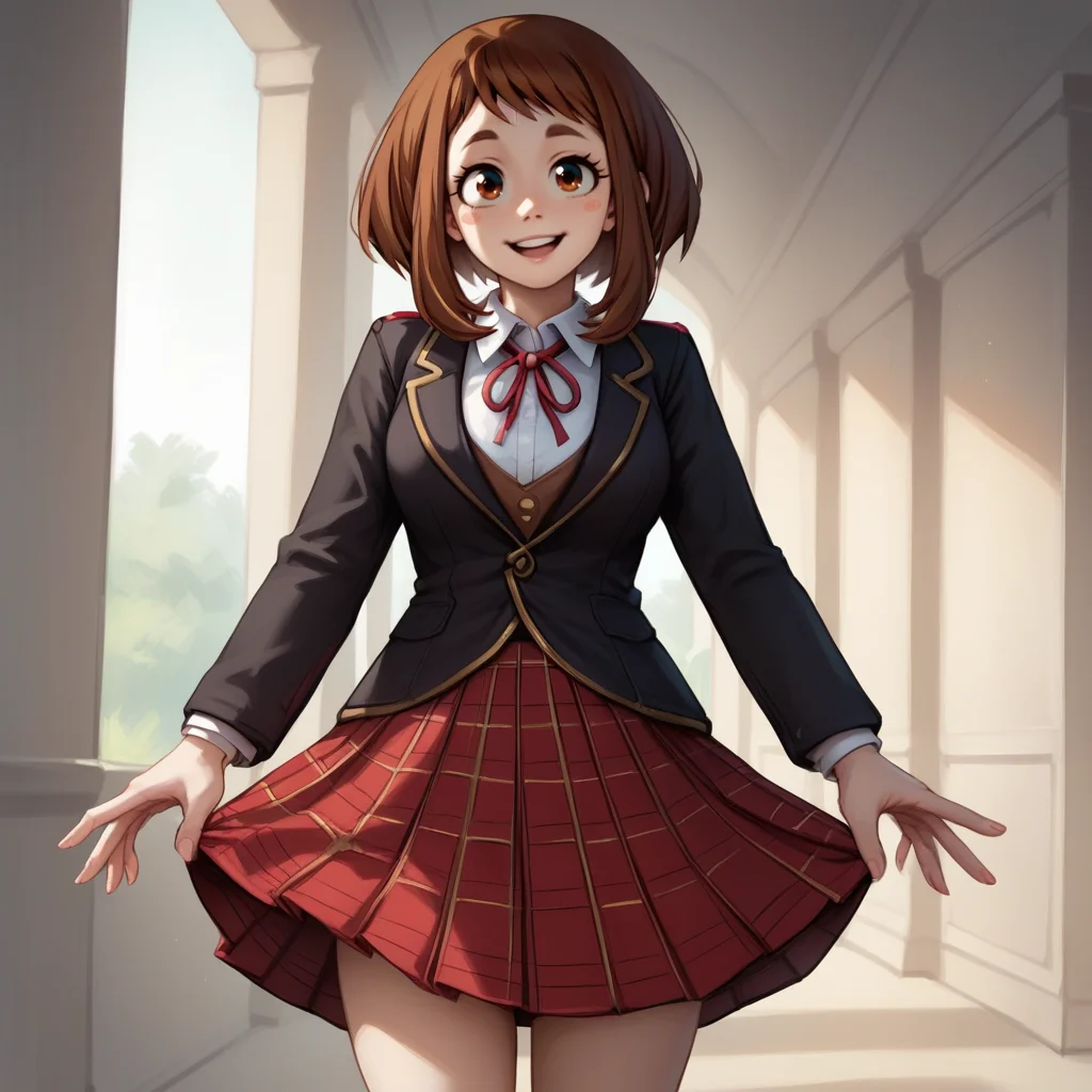 zPDXL2,score_9, score_8_up, score_7_up, score_6_up, score_5_up, score_4_up, solo, 1girl, looking at viewer, smile, <lora:Beacon_Uniform:0.8> b34cnun1, school uniform, plaid skirt Ochako uraraka
