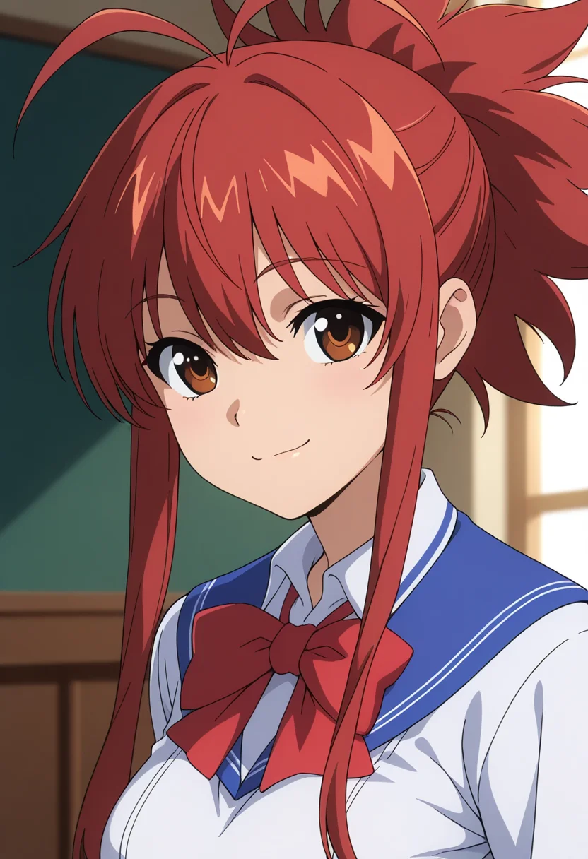 masterpiece, best quality, amazing quality, 1girl, solo, (portrait:1.2), keenaww, brown eyes, red hair, long hair, ponytail, sidelocks, antenna hair, medium breasts, school uniform, blue sailor collar, red bowtie, white school shirt, looking at viewer, smile, indoors, day, skindentation, detailed clothing folds, depth of field, sharp, high contrast, dynamic light <lora:Soga_Keena_Ichiban_Ushiro_no_Daimaou_ill:0.9>
