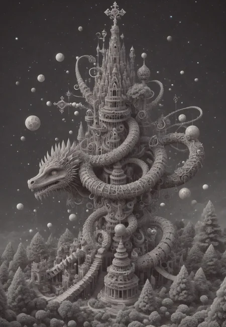 an intricate tower, mythical serpent wrapped around tower, (negative space, layer, sigils). orbs and moons, forging cluster astral keys, tetrahedral trees, (three planes), stack, flower tiles, OverallDetail