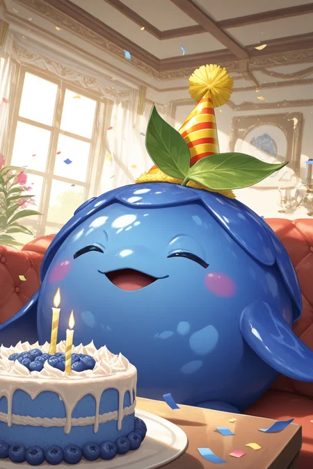 realistic shading, natural lighting, closed eyes, blueberry-creature focus, looking away, happy expressive face, daberry, green_daberry_leaf on head, blue_daberry_hair, 1blueberry creature, pokemon (creature), open mouth, wide smile, shiny skin,, birthday cake on table, candle on cake, party hat, indoors living room, balloons, confetti, sunbeam, sunlight, fantasy, dynamic angle, intricately detailed illustration, depth of field, masterpiece, best quality, amazing quality, very aesthetic, absurdres, newest, anime screencap