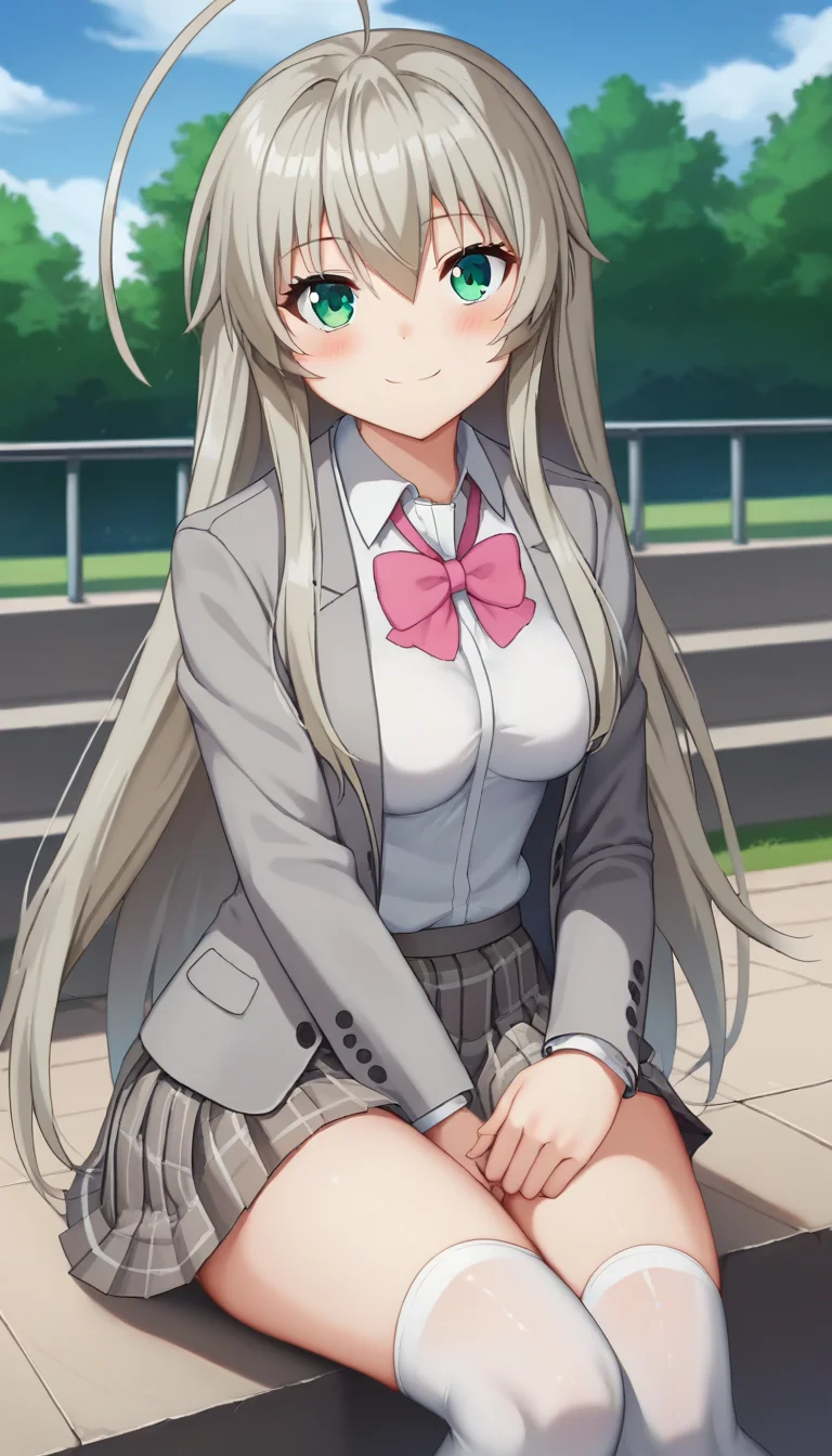 score_9,score_8_up,masterpiece,best quality,correct anatomy,anime_source,1girl,solo,perfect eyes,perfect arms,perfect legs,perfect face,outdoors,upper body,(portrait:1.5),looking at viewer,facing viewer,smile,blush,Nyaruko,huge ahoge,very long hair,grey hair,sidelocks,hair between eyes,bangs,green eyes,school uniform,grey jacket,Blazer,pink bowtie,white shirt,collared shirt,long sleeves,medium breasts,grey skirt,miniskirt,pleated skirt,plaid skirt,thighs,zettai ryouiki,white thighhighs,loafers,brown footwear,<lora:Nyaruko(hns)-Pony:1.6>,