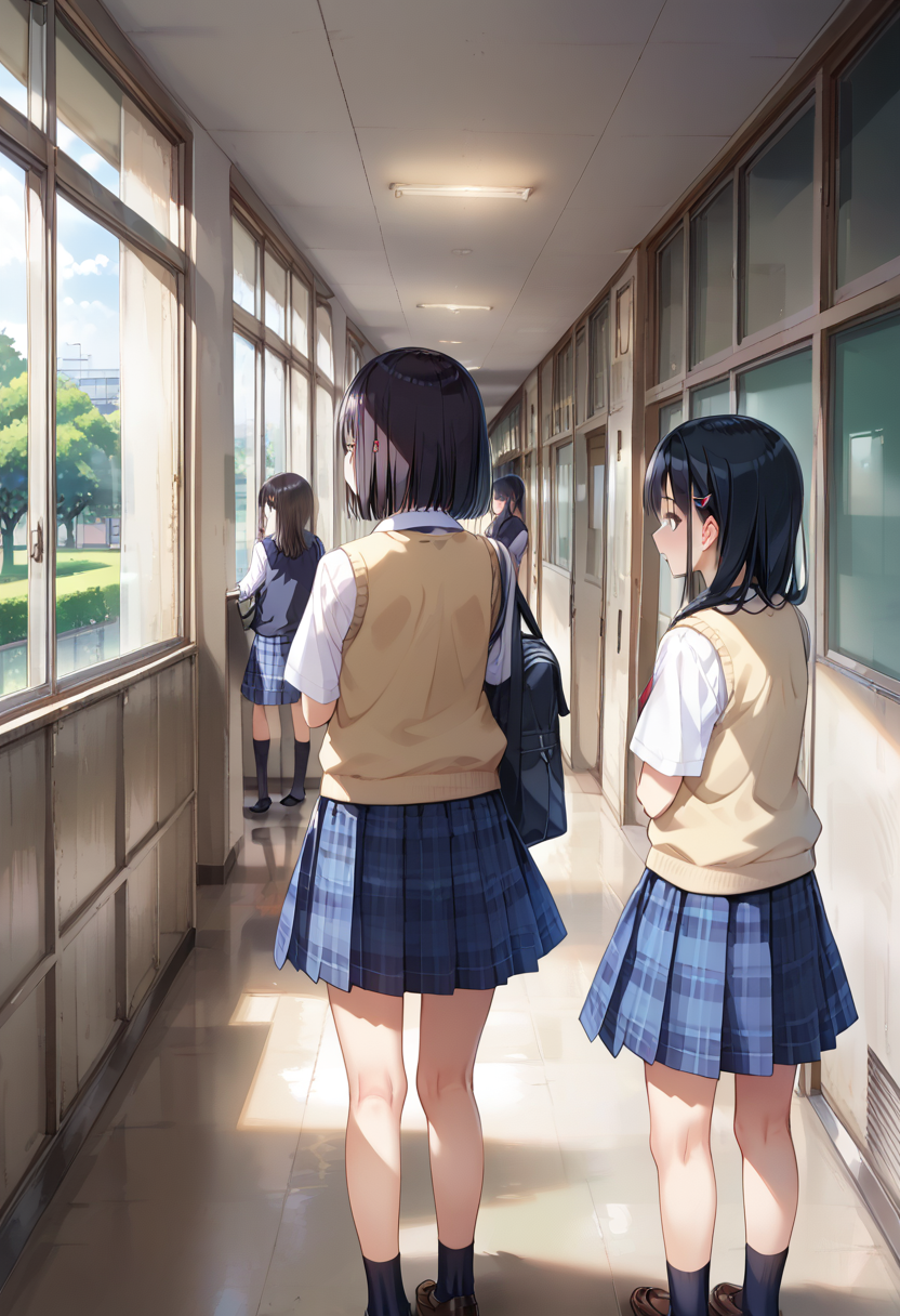 score_9, score_8_up, score_7_up, rating_safe, masterpiece, best quality, absurdres, unity 8k wallpaper, official art, official style, source_anime, uncensored, game cg, megami magazine,
rouka, school, multiple girls, school uniform, skirt, window, hallway, indoors, black hair, 2girls, scenery, from behind, multiple boys, tree, vest, plaid, sunlight, sweater vest, plaid skirt, 3girls,  
 <lora:gakkou_rouka_PONY_V2:1>
