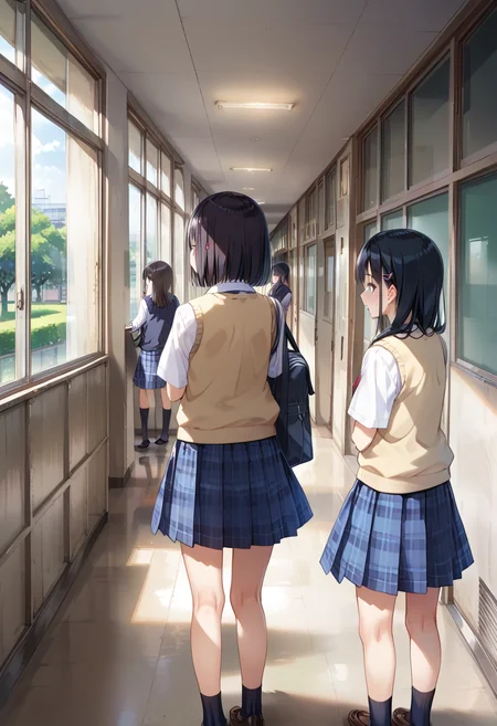 score_9, score_8_up, score_7_up, rating_safe, masterpiece, best quality, absurdres, unity 8k wallpaper, official art, official style, source_anime, uncensored, game cg, megami magazine,
rouka, school, multiple girls, school uniform, skirt, window, hallway, indoors, black hair, 2girls, scenery, from behind, multiple boys, tree, vest, plaid, sunlight, sweater vest, plaid skirt, 3girls,  
 <lora:gakkou_rouka_PONY_V2:1>