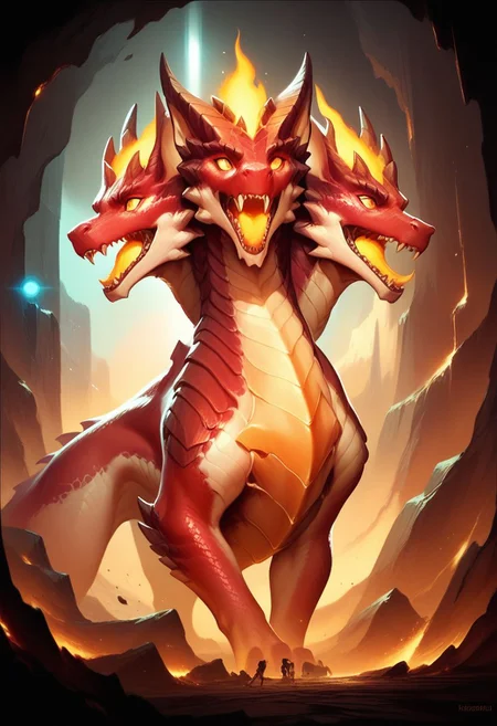 score_9, score_8,
science fiction, dust, a dragon cerberus, red scales