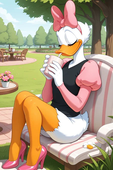 masterpiece, best quality, amazing quality, absurdres, daisyduck, solo, sitting, closed mouth, drinking, holding cup, relaxing, closed eyes, white plumage, white feathers, orange legs, pink ribbon, puffy sleeves, short pink sleeves, black shirt, pink stiletto heels, outdoors, cafe, park, grass, flowers
