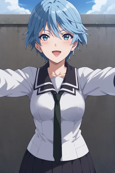 score_9, score_8_up, score_7_up, score_6_up, score_5_up, source_anime, rating_safe, outdoors, rooftop, 1girl, solo, looking at viewer, (spread arms:1.5), (upper body:1.1), fuuka akitsuki, short hair, blue hair, blue eyes, fuukawinter, school uniform, black collar, double collar, white uniform, long sleeves, green necktie, black skirt, pleated skirt, black thighhighs, loafers, <lora:Fuuka_Akitsuki:0.9>, <lora:age_slider_v4:2>,