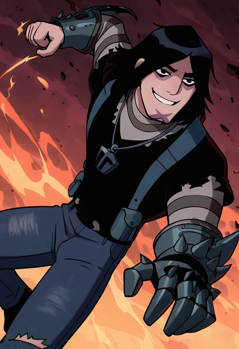 masterpiece, best quality, amazing quality, very aesthetic, absurdres, newest,
kevinov, black hair, bags under eyes, long hair, black eyes, necklace, goatee, layered sleeves, black shirt, long sleeves, short over long sleeves, torn clothes, striped sleeves, jeans, overall belt,
dynamic pose, incoming punch, smile, teeth, metal glove, metal gauntlet, spiked gauntlet,