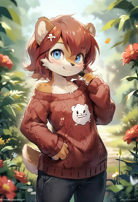score_9, score_8_up, score_7_up, score_6_up, ((furry, sally acorn as a male, brown fur, two-toned fur, short hair, bangs, blue eyes, short tail, animal ears)), solo, standing in a field, castle in background, red flowers, smiling, slight smile, eyes closed, blushing, summer day, sunlight, hand on hip, sassy hipsway, coy cute, oversized sweater, maroon sweater, sweater hanging off shoulder, hipsway, flat chest, chest fur, fur tuft, sfw, dark grey pants, <lora:Tokifuji_Style_PonyXL:.7>, (highly detailed:1.2), (intricate:1.2), (best quality:1.2),(8k:1.2), (sharp:1.2), (majestic:1.2), natural lighting, detail++