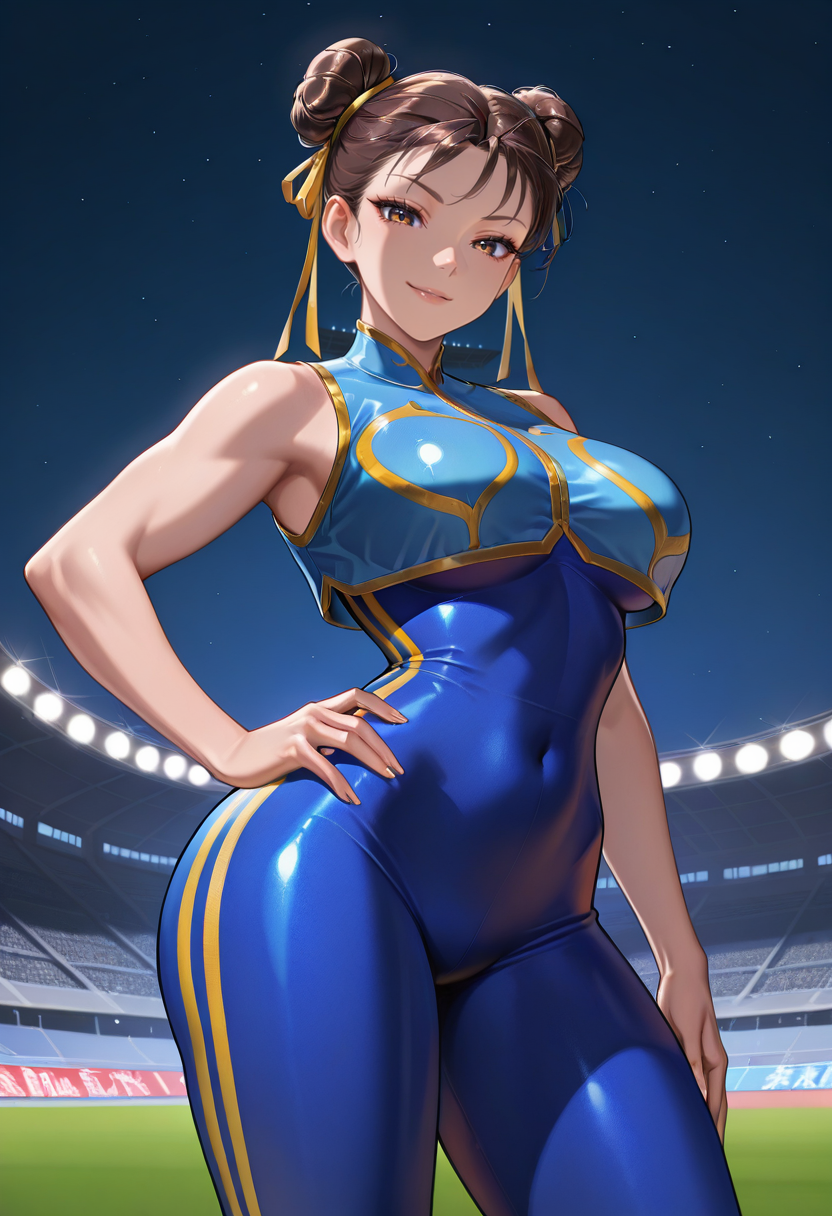 masterpiece, best quality, newest, absurdres, highres , <lora:ChunLiSFIllustrious-000010:1>,  CLIALPH, brown hair, double bun, hair ribbon, yellow ribbon,cropped sleeveless vest, blue bodysuit,  contrapposto, hand on own hip, seductive smile, hand on own hip, night, stadium, looking at viewer,