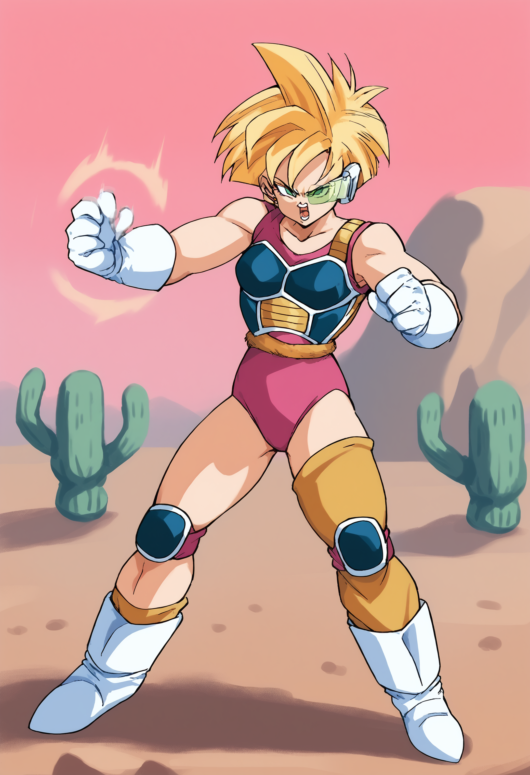 score_9, score_8_up, score_7_up, score_6_up, source_anime, 1girl, full body,  <lora:super-saiyan-ponyxl-lora-nochekaiser:0.9>, super saiyan, (spiky hair), aura, open mouth, closed hands, shouting, short hair, blonde hair <lora:Fasha:1.0> fasha, Saiyan Armor,  gloves, boots, short hair, eyewear, (monkey tail), (pink leotard),serious, BREAK muscular, desert in background, cactus, movement lines, <lora:honjouji_akira_pony_ver1:0.6> drgbls1