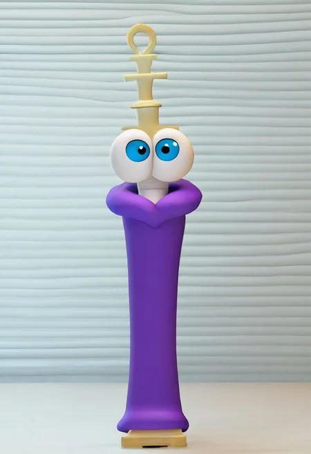 kinger, 1boy, solo, alder wood-colored king chess piece character, violet royal cloak with white fuzzy lining spotted with black, cartoonish white-gloved hands detached from body, large asymmetrical eyes, full body, source, no humans, blue eyes, 3d, source_cartoon, sleeveless, eyeballs, no mouth, white gloves <lora:Kinger:0.8>