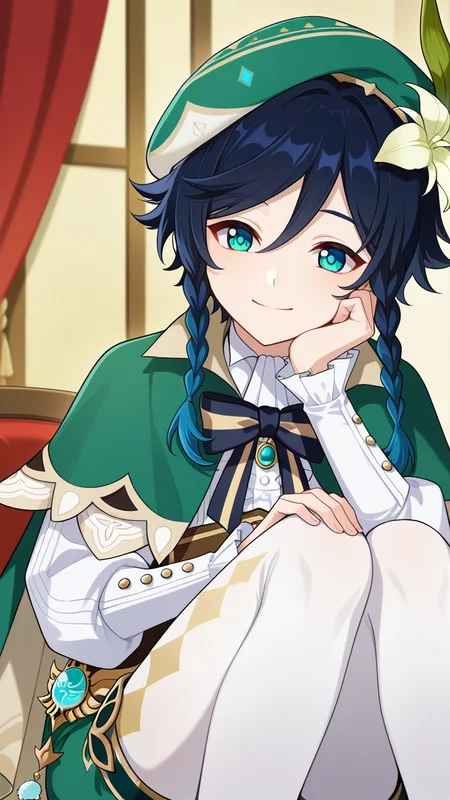 smile, solo,, masterpiece, best quality, amazing quality, very aesthetic, absurdres, newest, anime screencap, <lora:ventiILM:1>, venti (genshin impact), short hair with long locks, aqua hair, green eyes, aqua eyes, blue hair, black hair, braid, gradient hair, twin braids, side braids, hair between eyes, androgynous, beret, vest, collared cape, green hat, green cape, cecilia flower (genshin impact), green shorts, hat flower, white flower, hair flower, hair ornament, black bow, bow, bowtie, frilled sleeves, frills, long sleeves, striped bow, white pantyhose, pantyhose under shorts, white shirt,