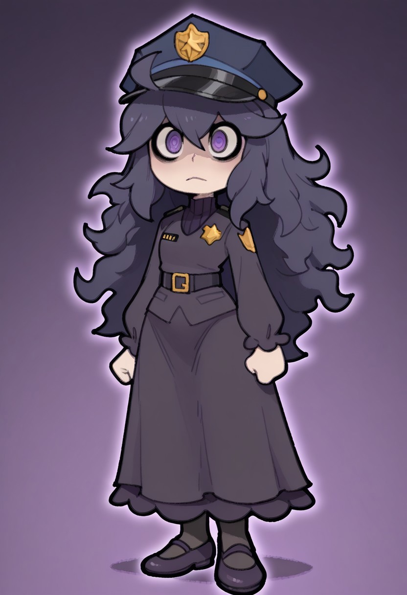 1girl, solo, tmchng,
patHex, Hex maniac, hairband, messy hair, purple eyes, purple hair, purple hairband, black dress, dress, long dress,police uniform, ceremonial uniform, blouse, skirt, black pantyhose, dress shoes, police hat, serene,
chibi, petite, extremely detailed, highres, masterpiece, best quality