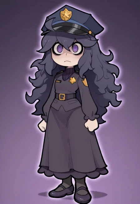 1girl, solo, tmchng,
patHex, Hex maniac, hairband, messy hair, purple eyes, purple hair, purple hairband, black dress, dress, long dress,police uniform, ceremonial uniform, blouse, skirt, black pantyhose, dress shoes, police hat, serene,
chibi, petite, extremely detailed, highres, masterpiece, best quality
