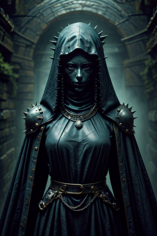 1girl,at distance,<lora:dungeon v1:0.7>,dungeon-background,dungeon,underground,stone wall,moss,<lora:cultiste:0.7>,cloak,hood up,robe,jewelry,chain,spike,<lora:Concept_-_Hella-sthetic_v2:0.7>,ceramic mask,the full and whole body,full length shot,, intricate, elegant, highly detailed, symmetry, magical atmosphere, sharp focus, majestic, very coherent, radiant, advanced, cinematic, artistic, fine detail, winning, beautiful, stunning, dramatic light, designed, rich deep colors, perfect professional background, ambient, tailored set composition