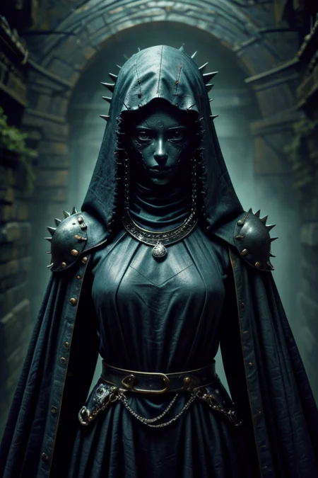 1girl,at distance,<lora:dungeon v1:0.7>,dungeon-background,dungeon,underground,stone wall,moss,<lora:cultiste:0.7>,cloak,hood up,robe,jewelry,chain,spike,<lora:Concept_-_Hella-sthetic_v2:0.7>,ceramic mask,the full and whole body,full length shot,, intricate, elegant, highly detailed, symmetry, magical atmosphere, sharp focus, majestic, very coherent, radiant, advanced, cinematic, artistic, fine detail, winning, beautiful, stunning, dramatic light, designed, rich deep colors, perfect professional background, ambient, tailored set composition