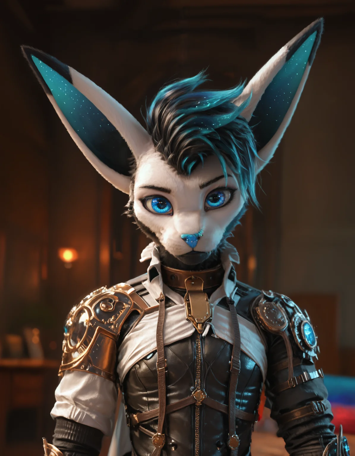 score_9, score_8_up, score_7_up, BREAK rating_safe, detailed, cinematic lighting, hdr, masterpiece, best quality, ultra realistic, 4k, 2k, film photography, RAW photo, photorealistic, analog style, subsurface scattering, photorealism, <lora:add-detail-xl:2.5>, <lora:sinfully_stylish_SDXL.safetensors:0.6>, <lora:AdvancedEnhancerXLv2.safetensors:1.0>, <lora:Krakka_Serene.Sylvi.Sergal_OC_v1-000012.safetensors:0.8>, solo, anthro, detailed fur, krakka, dressed, animal ears, short hair, blue eyes, looking at viewer, blue sclera, tail, standing, collar, blue nose (from behind, lying on front bent legs looking at another, frown, indoor, detailed background:1.15)