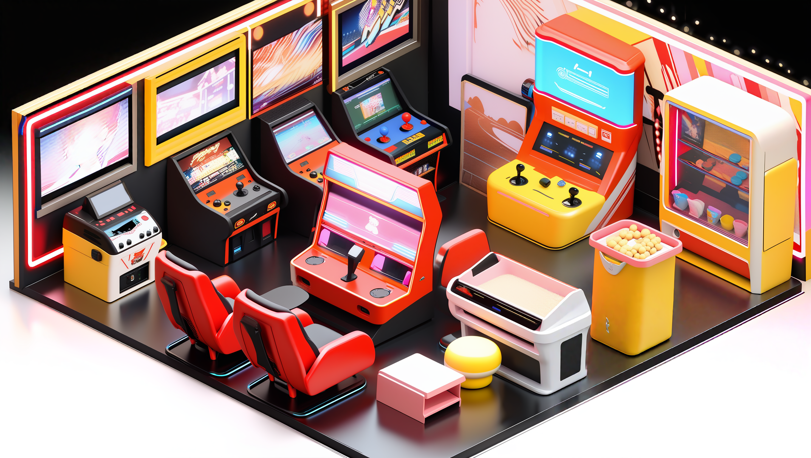 masterpiece,best quality,<lora:gamebg:0.6>,3d,white background,
room-style,durable black rubber flooring,dark walls,neon lights,retro game posters,flashing neon tubes,colorful lighting,classic arcade machines,bright screens,flashing buttons,Pac-Man,Street Fighter,Tekken,King of Fighters,coin-operated machines,game tokens,large dance machine area,glowing arrows,music rhythm,racing simulators,realistic racing seats,prize redemption area,plush toys,small electronics,game merchandise,display cabinet,rare prizes,small rest area,comfortable sofas,vending machines,drinks,snacks,