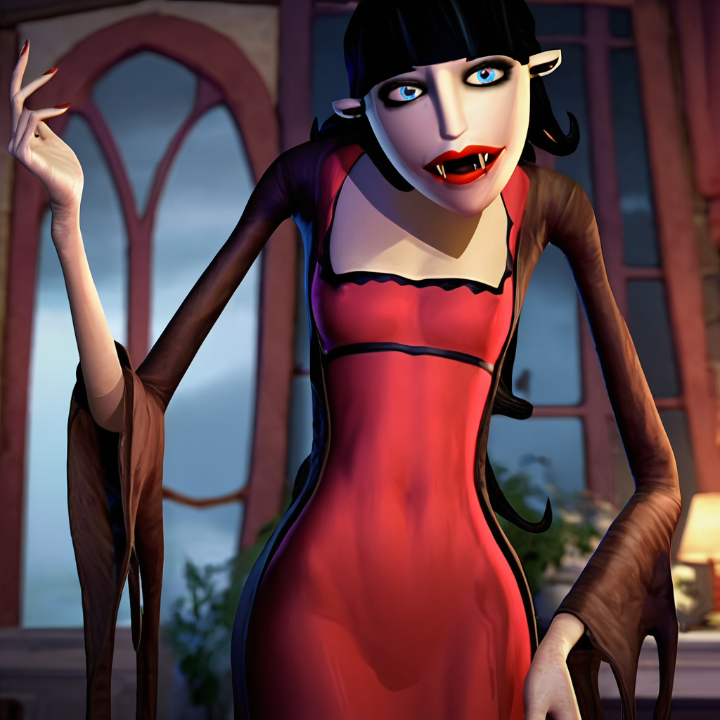 score_9, score_8_up, score_7_up, 1girl, vampire, black hair, long hair, blue eyes, makeup, small breasts, narrow waist, wide hips, looking at viewer, highres, high quality, masterpiece, <lora:Ruby_Scary_Godmother:1>