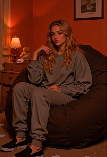 Photograph, young woman, sitting on a large, plush, dark brown bean bag chair, in a dimly lit room with a warm, reddish-orange glow. She has long, wavy blonde hair, fair skin, and a slim physique. Wearing loose, comfortable grey sweatpants and a matching grey sweatshirt, black slip-on shoes. Her expression is thoughtful and slightly melancholic, looking into the distance. Background includes a small wooden nightstand with a lamp emitting a soft, warm light, a teddy bear, and some scattered papers on the floor. The room has a cozy, slightly cluttered feel. The overall ambiance is intimate and introspective, with a hint of nostalgia.