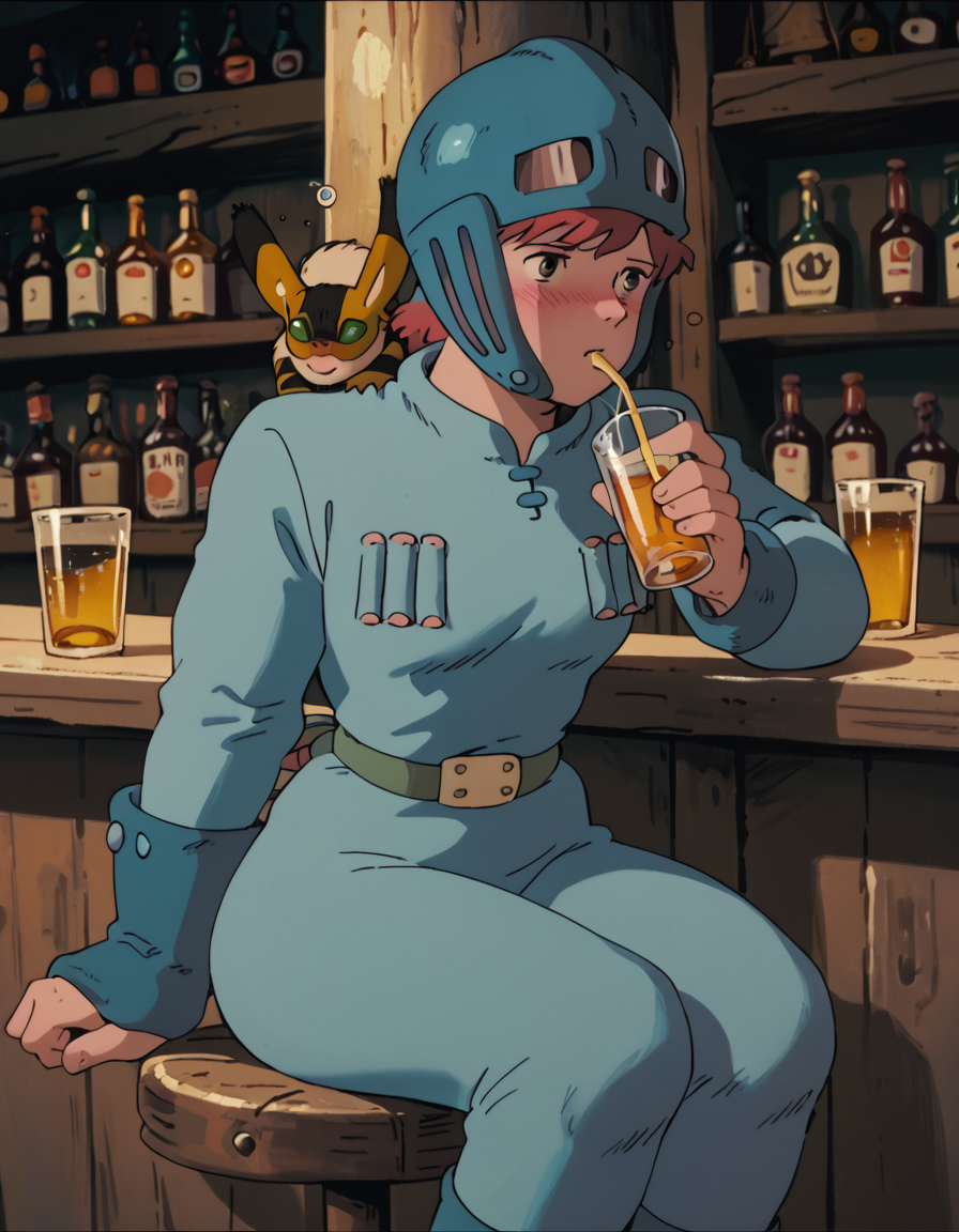 score_9, score_8_up, score_7_up, PrincessNausica, helmet, sitting, bar, drinking ale, blush, drunk,