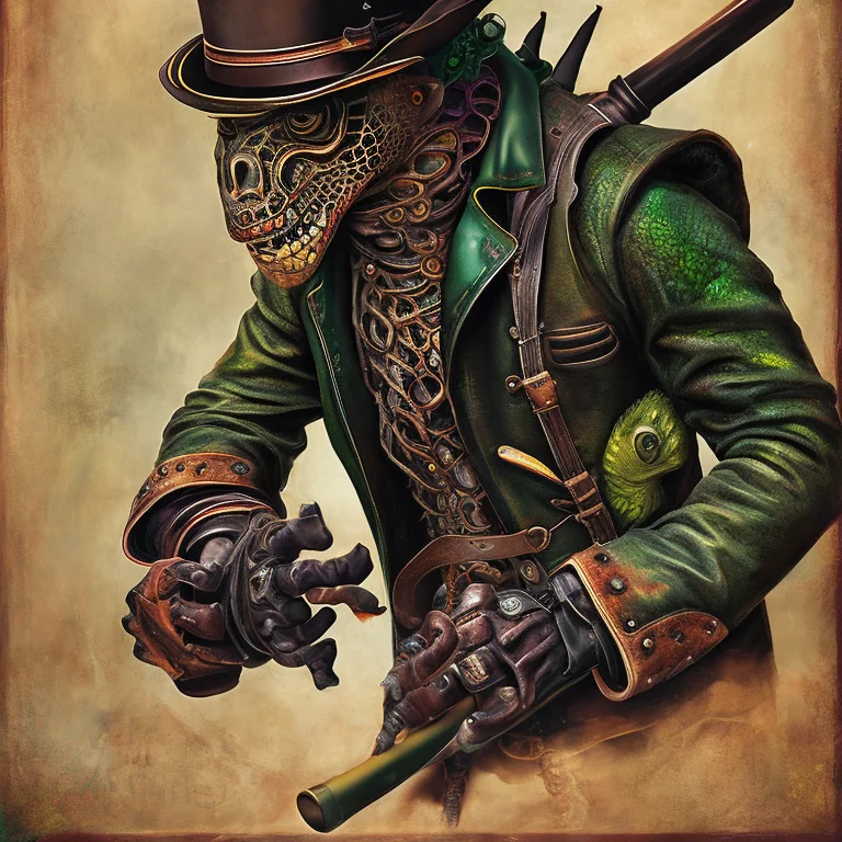 painting of animal; Iguana wearing steampunk leather jacket, top hat with gears, dashing, Victorian clothing, stopwatch, intricate, smooth, sharp focus, illustration, masterpiece, intricate, highly detailed, octane, digital painting, artstation, concept art, smooth, sharp focus, illustration, vibrant colors, in the style of steampunk